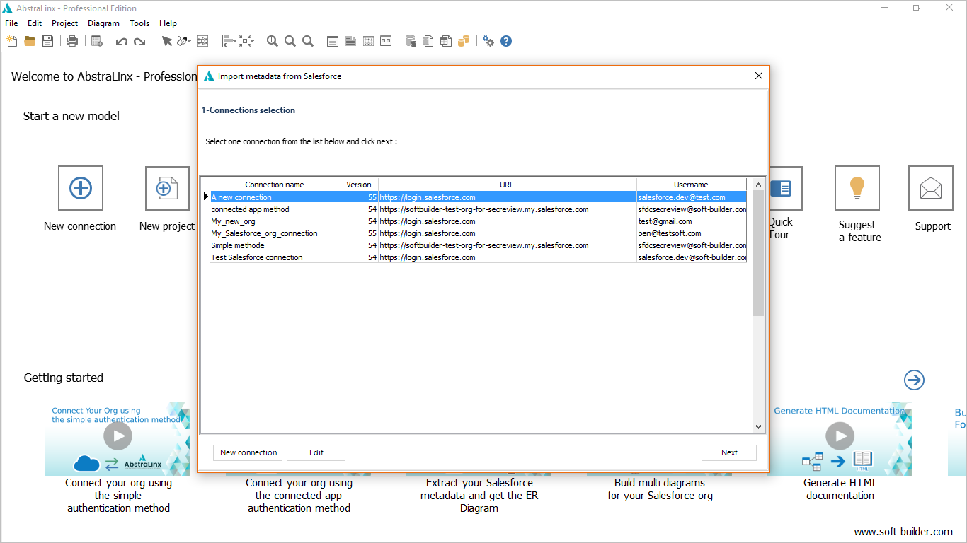 On AbstraLinx, create a new project then select your connection to the Salesforce org