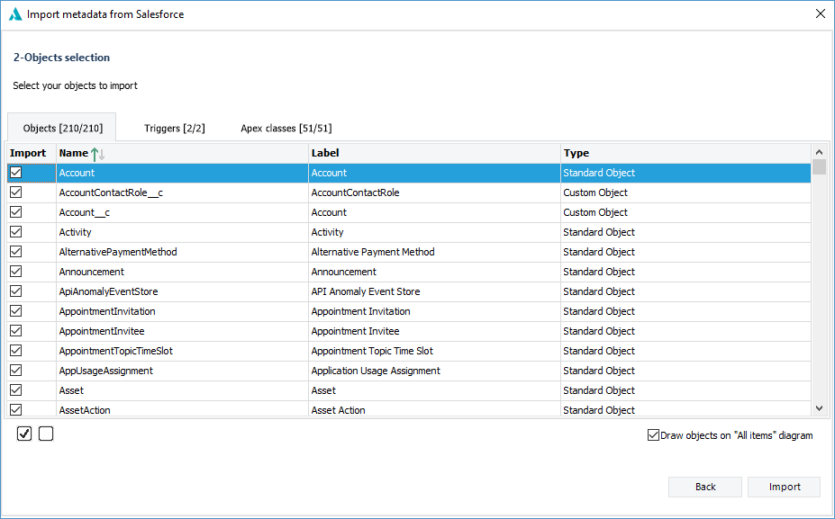 Select the objects, triggers, and Apex classes you wish to import