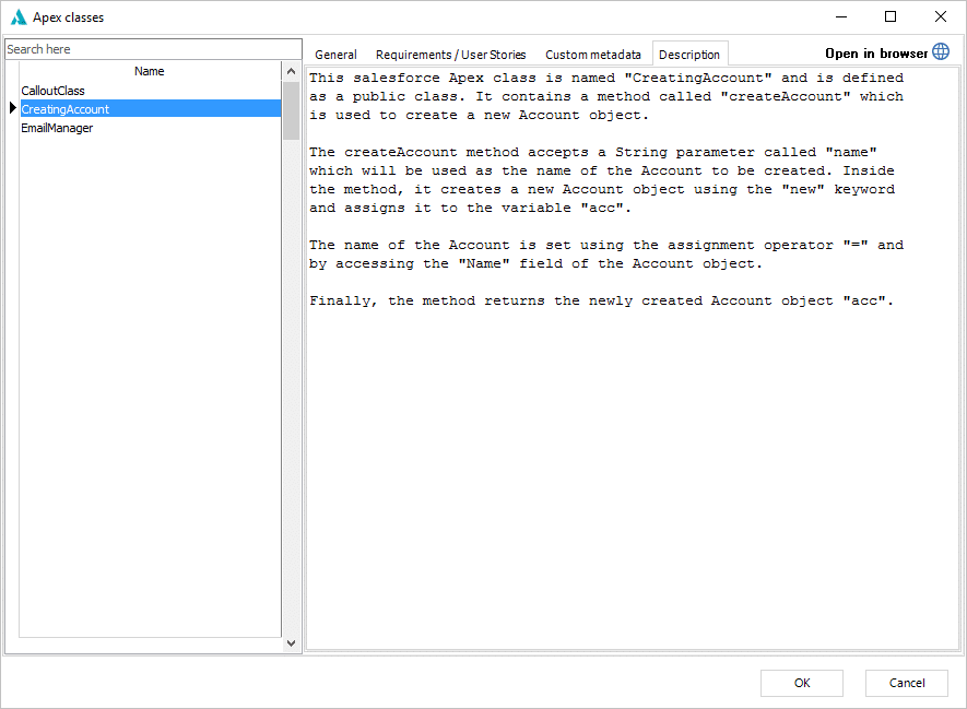 Generated description for an Apex class named creating account