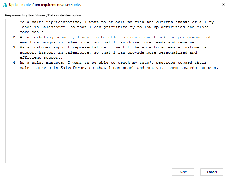 update model from user stories, requirements, or data model description